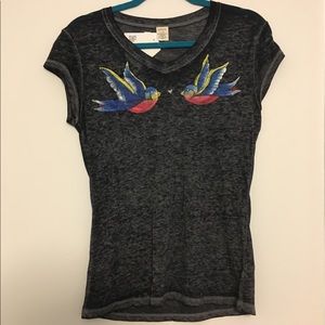 Rad hand-painted tattoo style swallows on v-neck